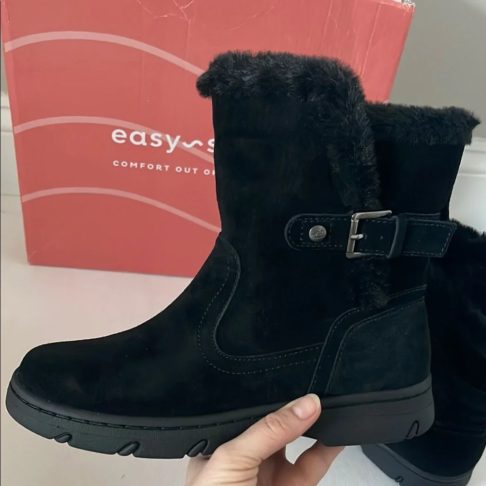 Easy Spirit Segraye Black Genuine Leather Faux-Fur Lined Winter Boots, Size 8 W